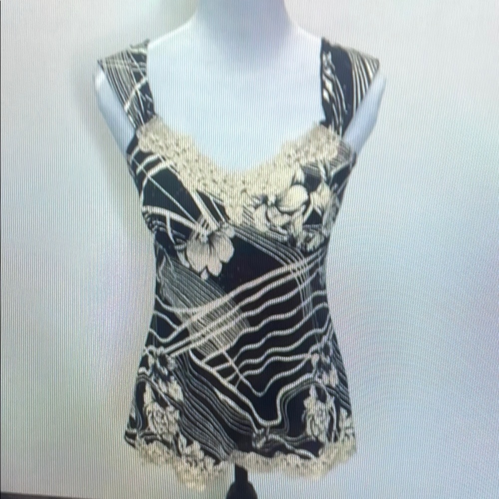 Floral Lace Trim Black and Cream Blouse